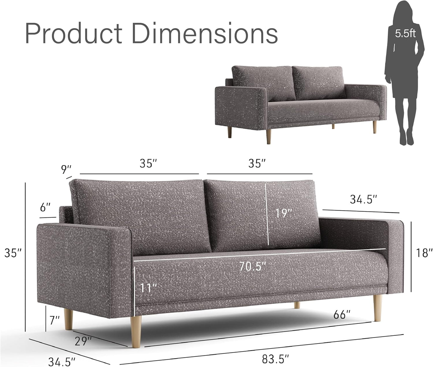 Elverum Modern Bouclé Upholstered Sofa with Wooden Legs – Gray