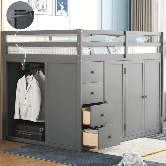 Full Size Wood Loft Bed with Built-in Wardrobes - Gray - detail view 2