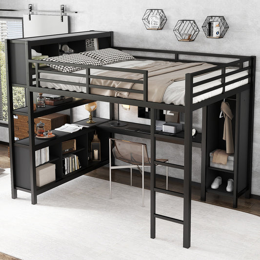 Metal Loft Bed with Wardrobe and L-Shaped Desk - Black - detail view 2