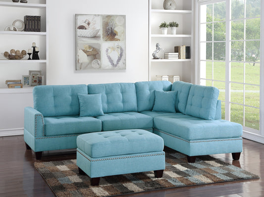 Modern Blue Color 3pcs Sectional Living Room Furniture Reversible Chaise Sofa And Ottoman Tufted Polyfiber Linen Like Fabric Cushion Couch Pillows - detail view 2