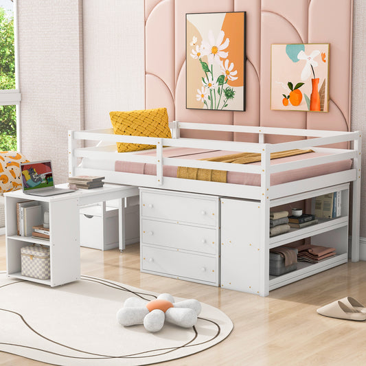 Full Size Loft Bed with Retractable Writing Desk and 3 Drawers - White - detail view 2