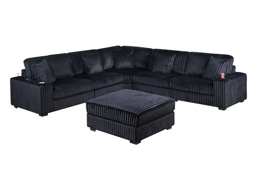 Contemporary Style 6-PC Modular Sectional Sofa Set USB Cup Holder Black Finish Corduroy Living Room Furniture Couch - detail view 2