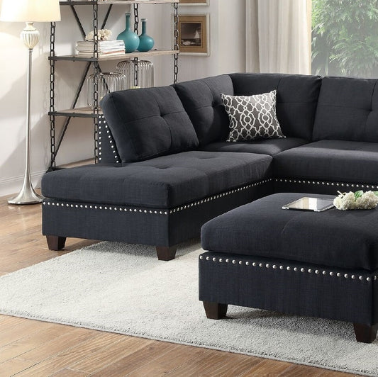 3-pcs Sectional Sofa Black Polyfiber Cushion Sofa Chaise Ottoman Reversible Couch Pillows - detail view 2