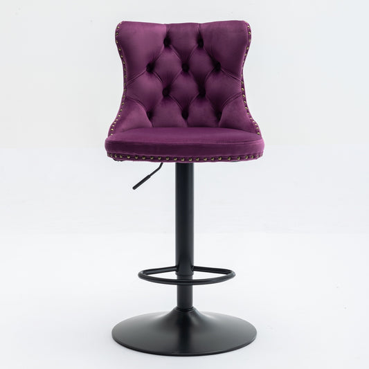 Odessa Adjustable Height Velvet Bar Stools with Black Legs Set of 2 Purple