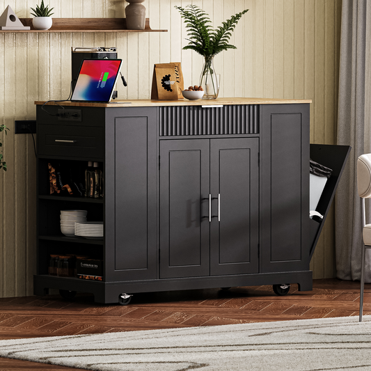 K&k Fluted Kitchen Island with Trash Can Storage Cabinet - Black - detail view 2