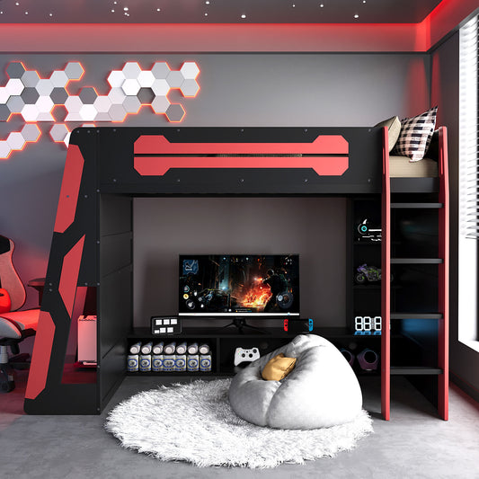Twin Size Wood Loft Bed with Desk - Red - detail view 2