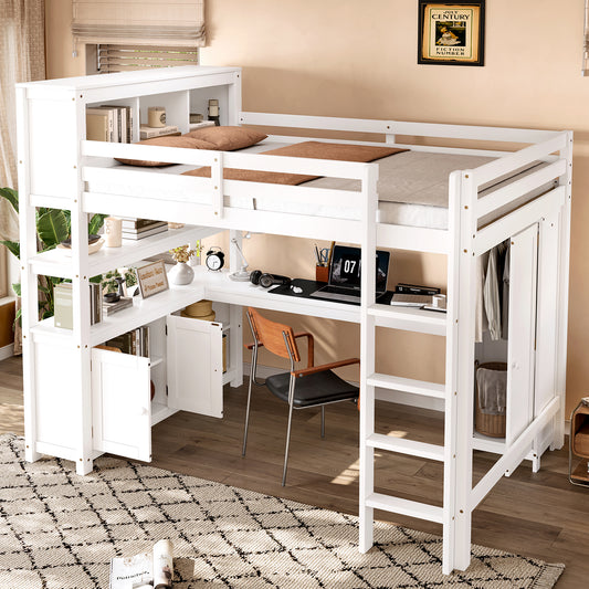 Wood Loft Bed with Cabinet and Bookshelf - White - detail view 2