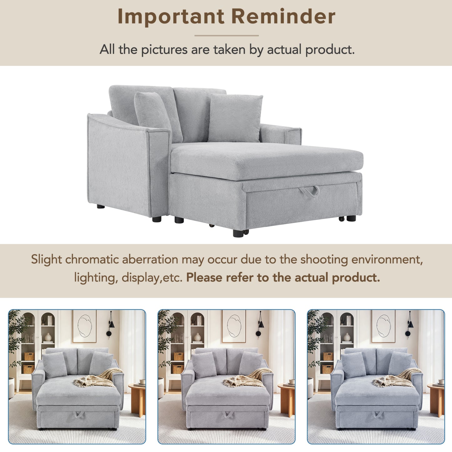 Modern Chaise Sofa 53.5' Grey Snowflake Velvet Sofa Bed with Hidden Storage & Pillows - detail view 8