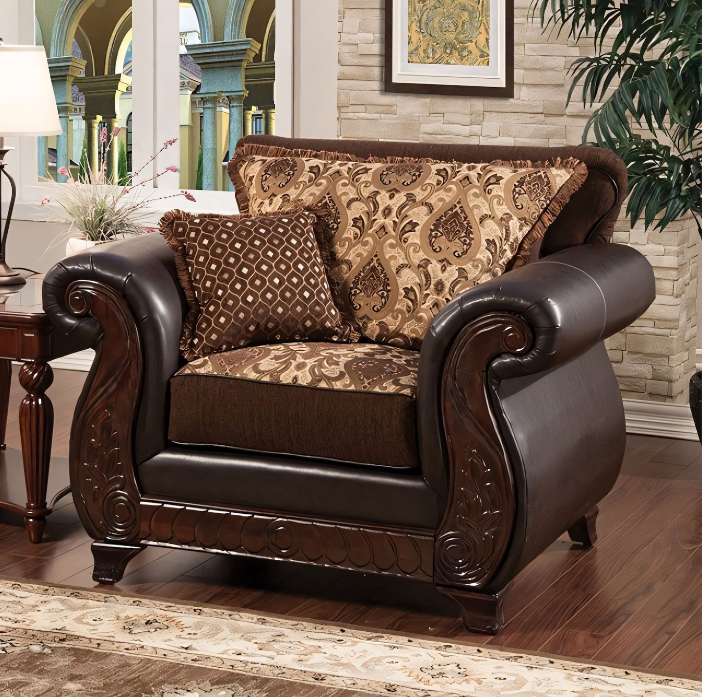 Franklin Traditional Victorian Print Sofa - Dark Brown & Cherry