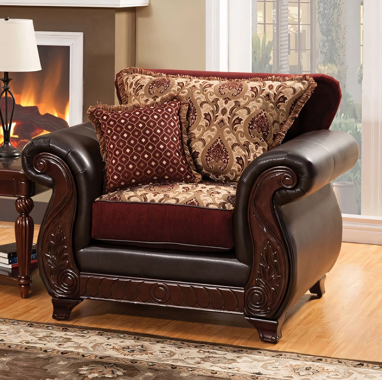 Decorative armchair with patterned cushions in a living room setting.
