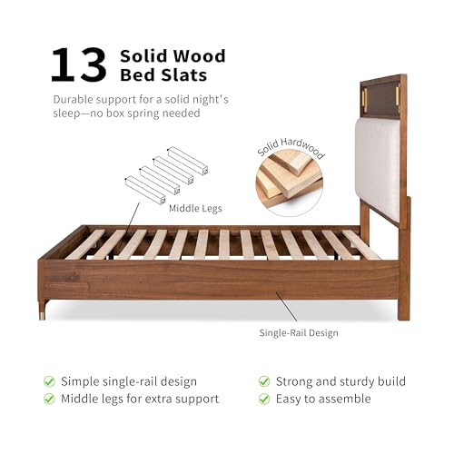 Hepburne Mid-Century Modern 4-Piece King Panel Bedroom Set - Walnut & Bouclé