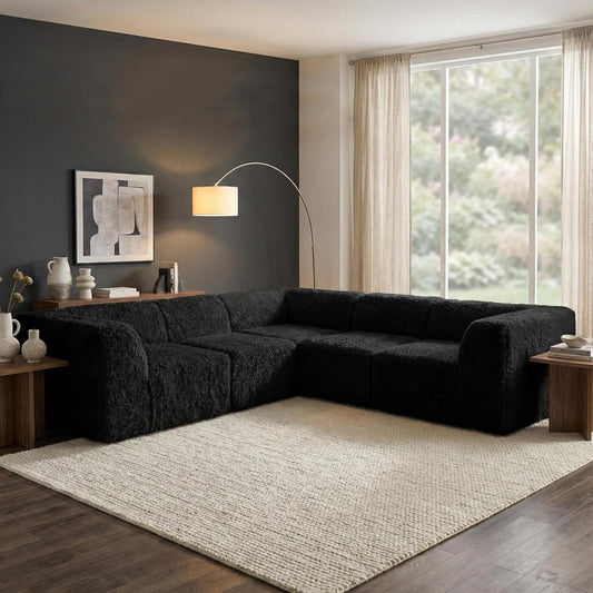 Nappi Modern 7-Piece Faux Fur Compressed Sectional & Ottoman - Black