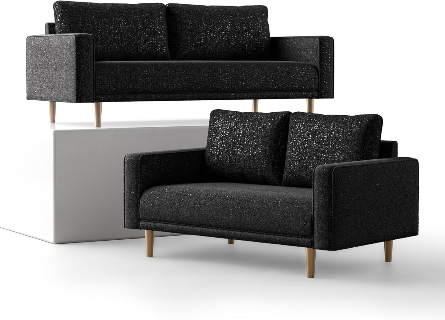 Elverum Modern Bouclé Sofa & Loveseat Set with Wooden Legs – Black