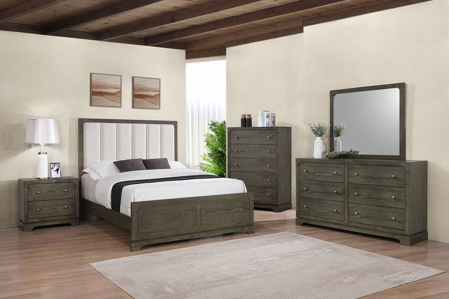Gran Park 59" Transitional Bedroom Collection in Dark Cocoa & Beige Boucle