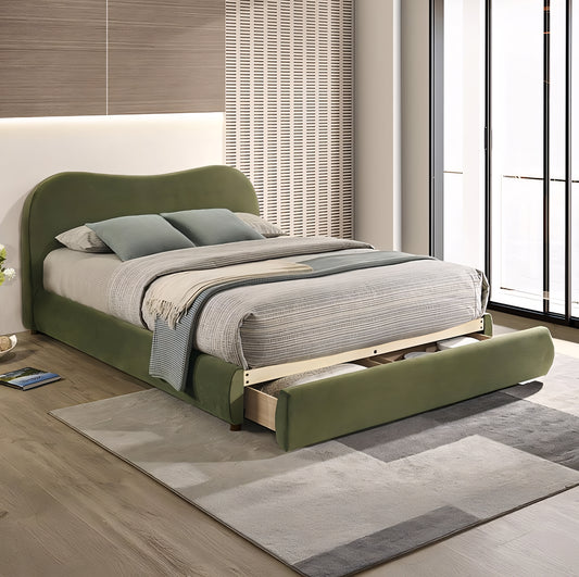 Grimsby Contemporary Queen Velvet Storage Platform Bed – Olive Green, Brown, or Gray