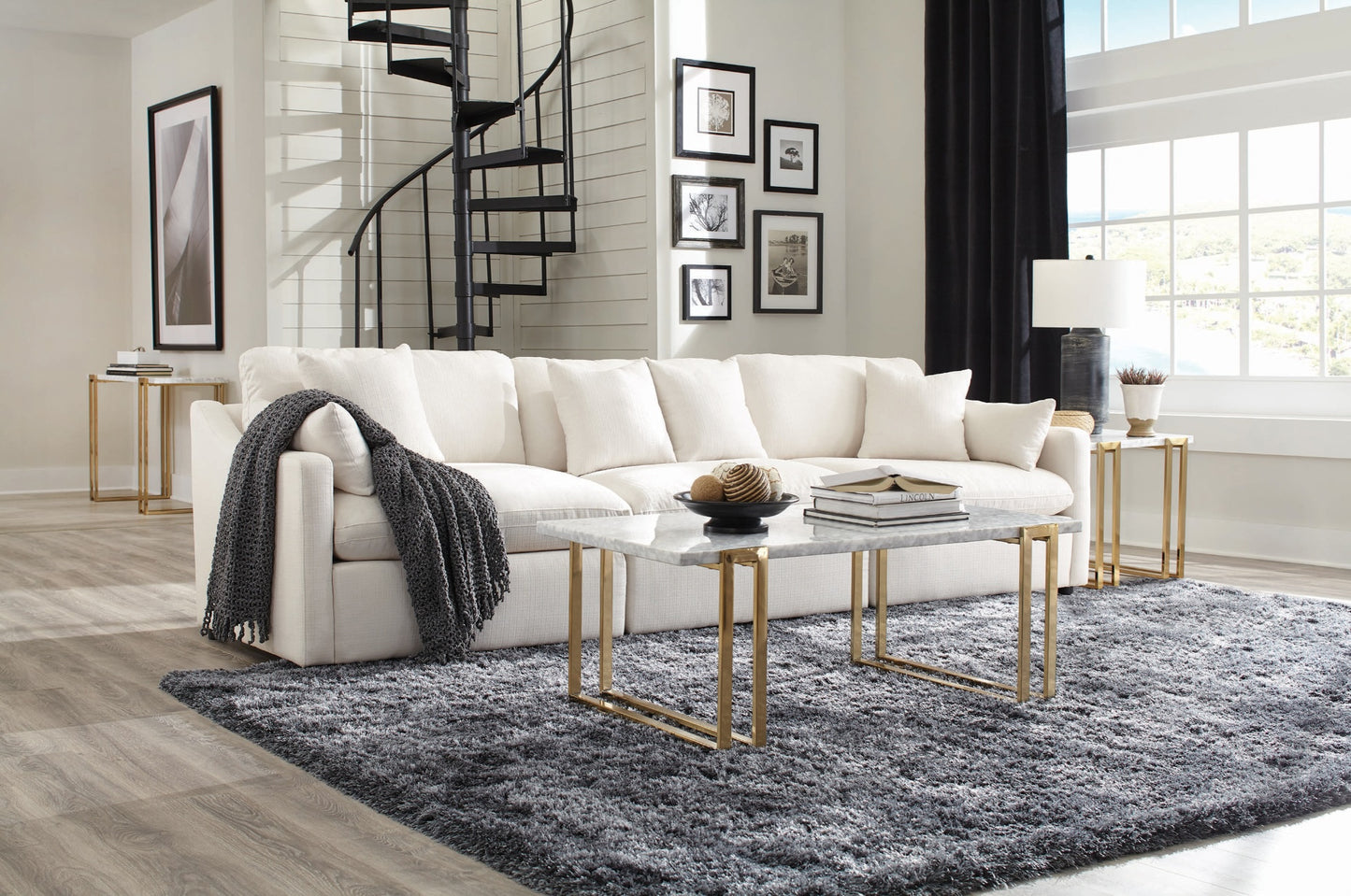 Hobson White Linen Sectional with Feather Seating & Stain Treated Fabric