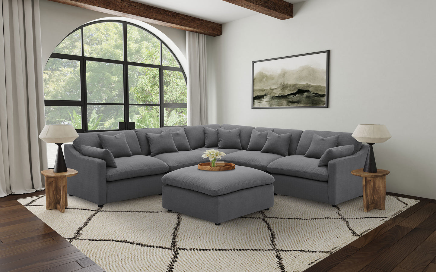 Hobson 5-Piece Linen Modular Sectional with Feather Down Cushions, Charcoal