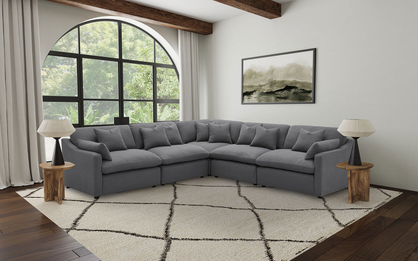 Hobson 6-Piece Linen Modular Sectional with Feather Down Cushions, Charcoal