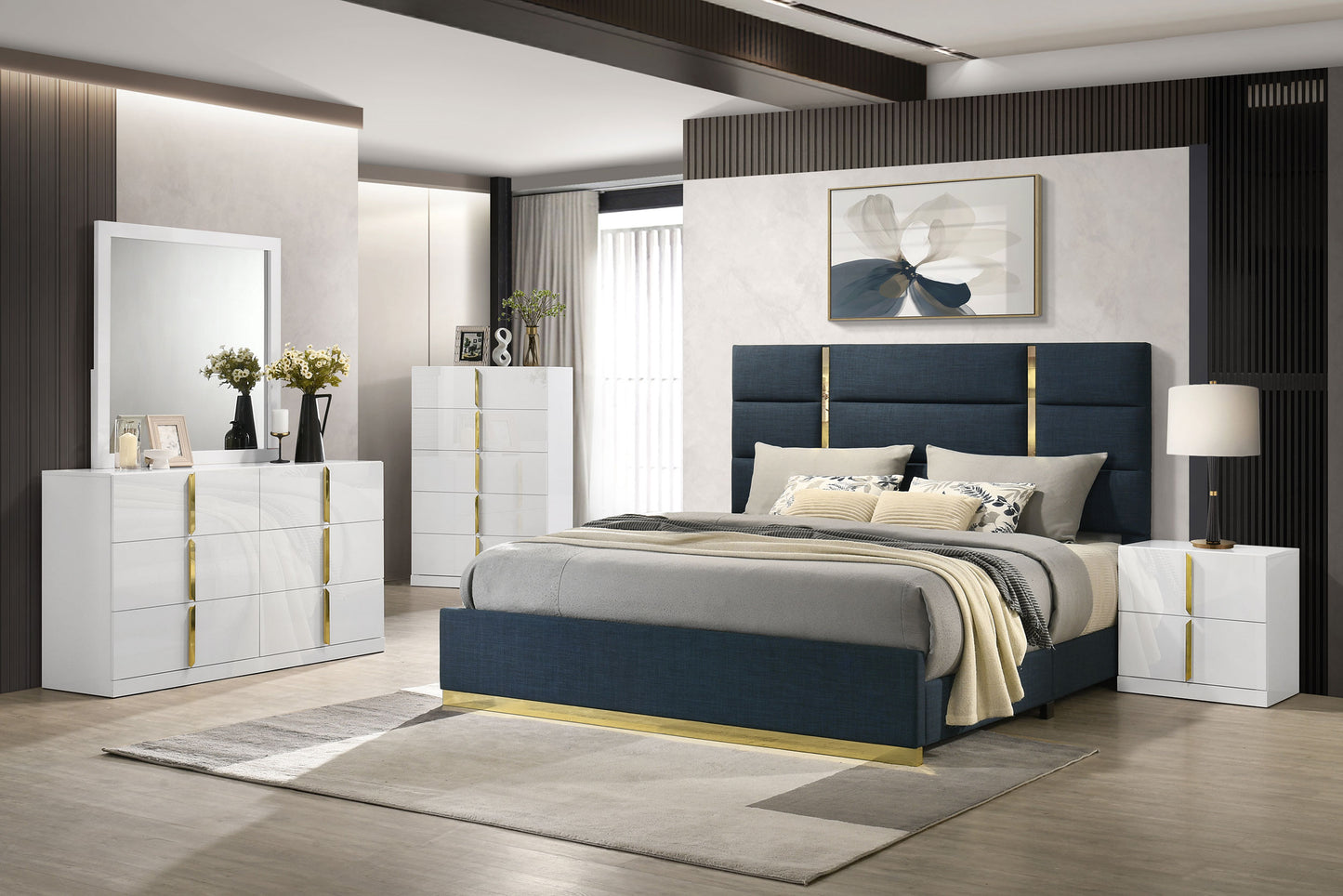 Ines Contemporary Upholstered King Bed with Gold Accents – Navy & White High Gloss