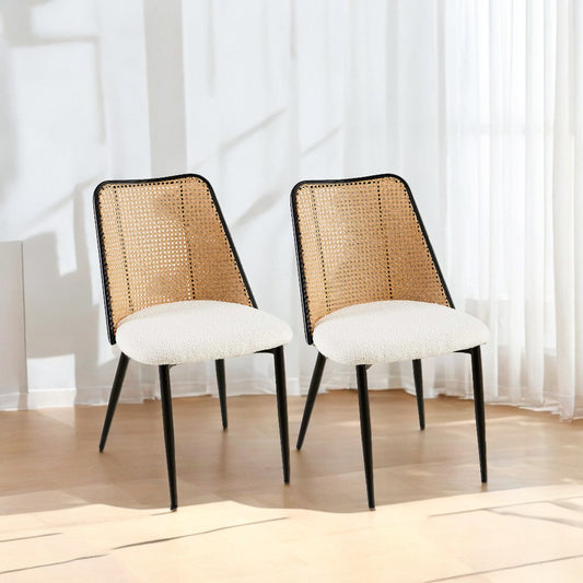 Isola Modern Rattan Back Bouclé Dining Chair – Black Frame (Set of 4)