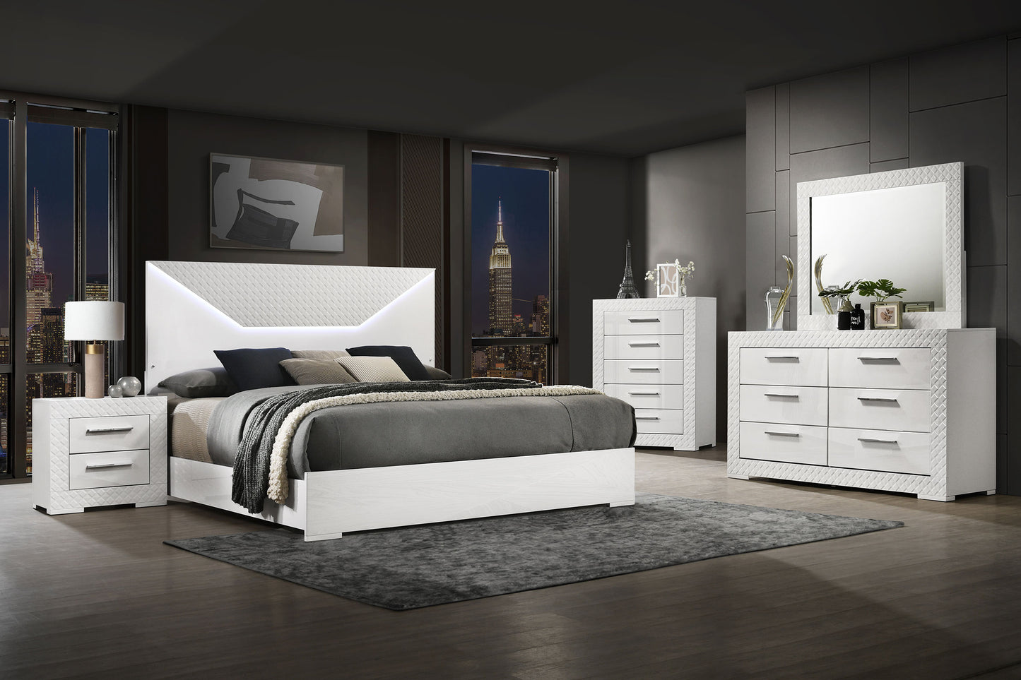 Ives King Panel Bed LED Headboard White High Gloss