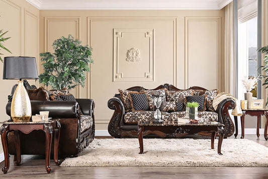 Luxurious living room with ornate furniture and decorative elements.
