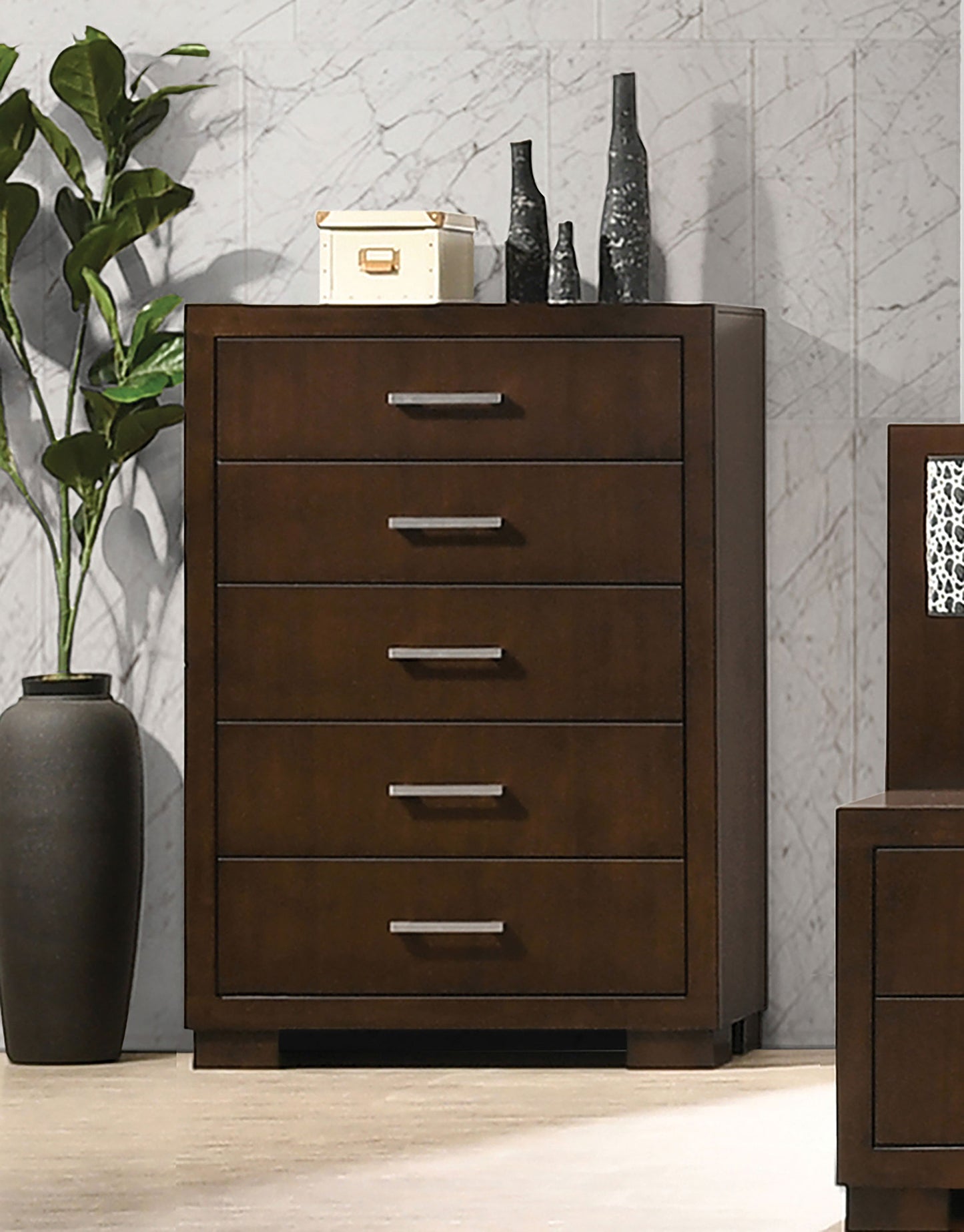 Jessica 5-Drawer Chest in Cappuccino - Finally Home Furnishings LLC