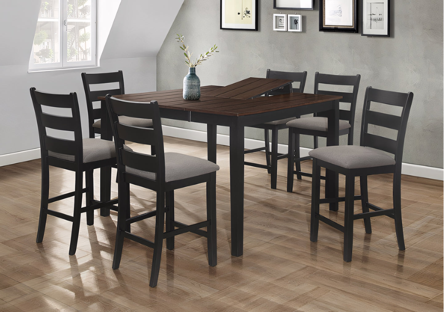Kingsley 7-Piece Counter Height Dining Set with 18” Leaf – Black/Brown Finish