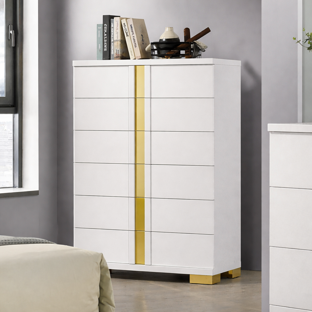 Lillestrom Contemporary 5-Drawer Chest with Gold Accents – White