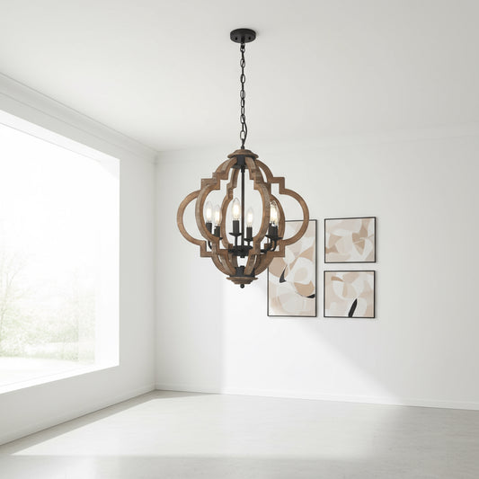 Wooden chandelier with four light bulbs in a room with white walls and windows.
