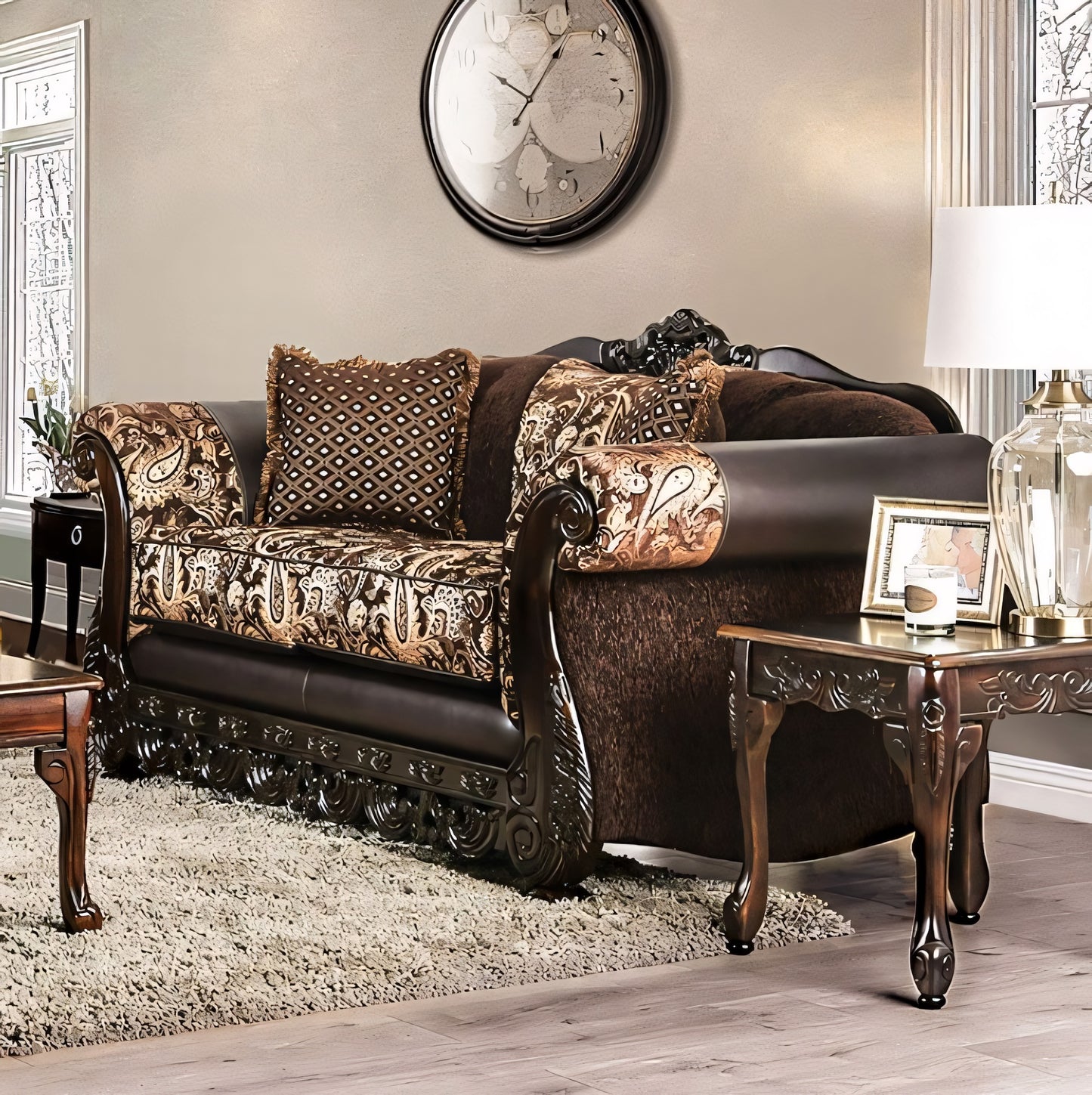 Newdale Traditional Sofa & Loveseat Set in Brown & Gold Chenille with Carved Wood Trim
