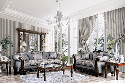 Newdale Traditional Sofa in Gray Chenille with Carved Wood Trim