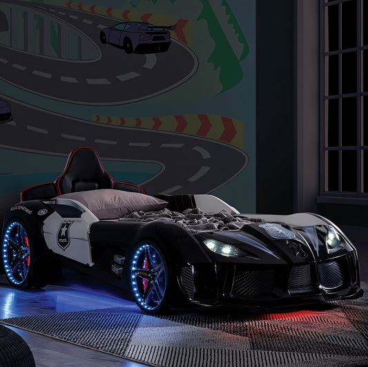 Patrolene Police Theme Twin Race Car Bed with LED Lights & Sound – Black/White