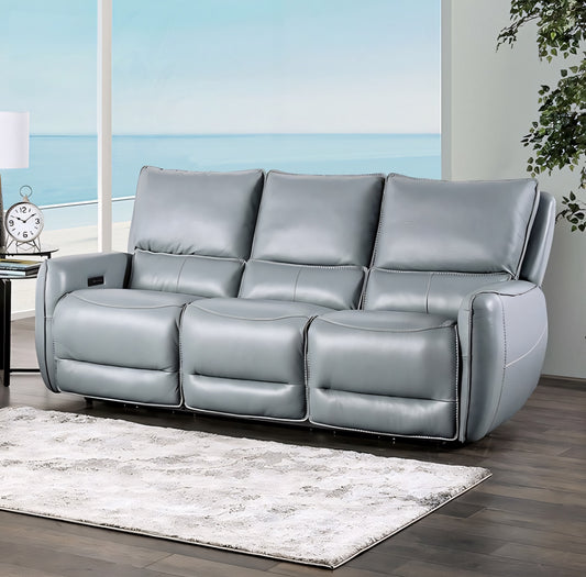 Phineas Transitional 2-Piece Power Reclining Sofa & Loveseat Set – Pale Blue Leather