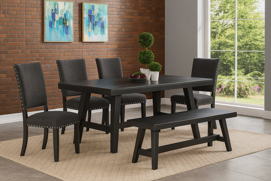 Black dining set with four chairs and a bench in a room with a brick wall and large window.