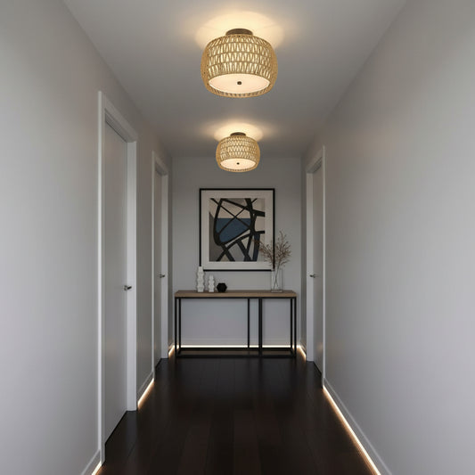 rattan ceiling lamps in a hallway