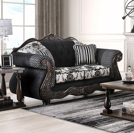 Ronja Traditional Sofa in Black Chenille & Damask Fabric