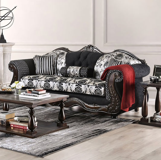 Ronja Traditional Sofa & Loveseat Set in Black Chenille & Damask Fabric