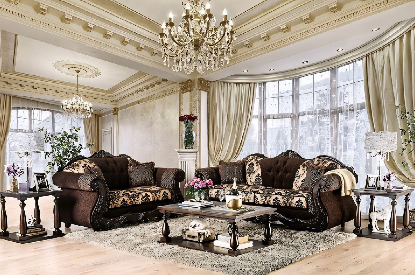 Ronja Traditional Sofa & Loveseat Set in Dark Brown Chenille & Damask Fabric
