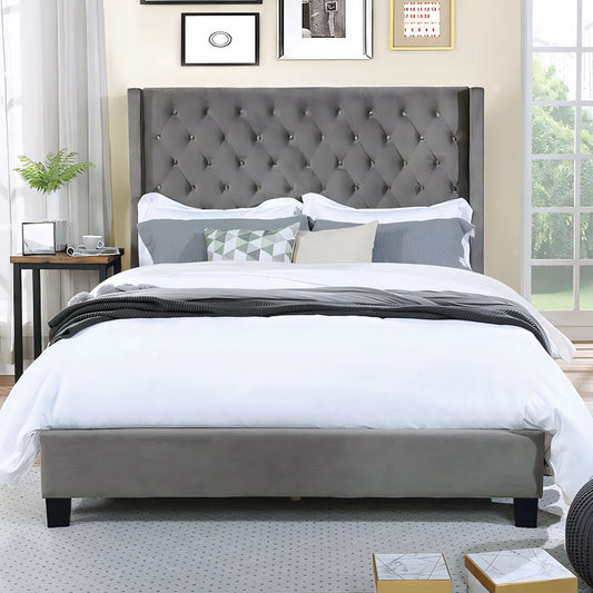 Ryleigh King Button Tufted Wingback Bed in Gray