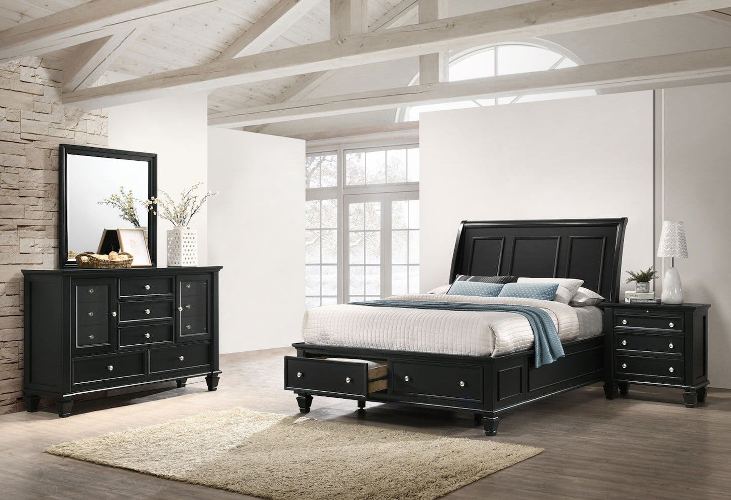 Sandy Beach Cottage Style King Bedroom Set, Black or White