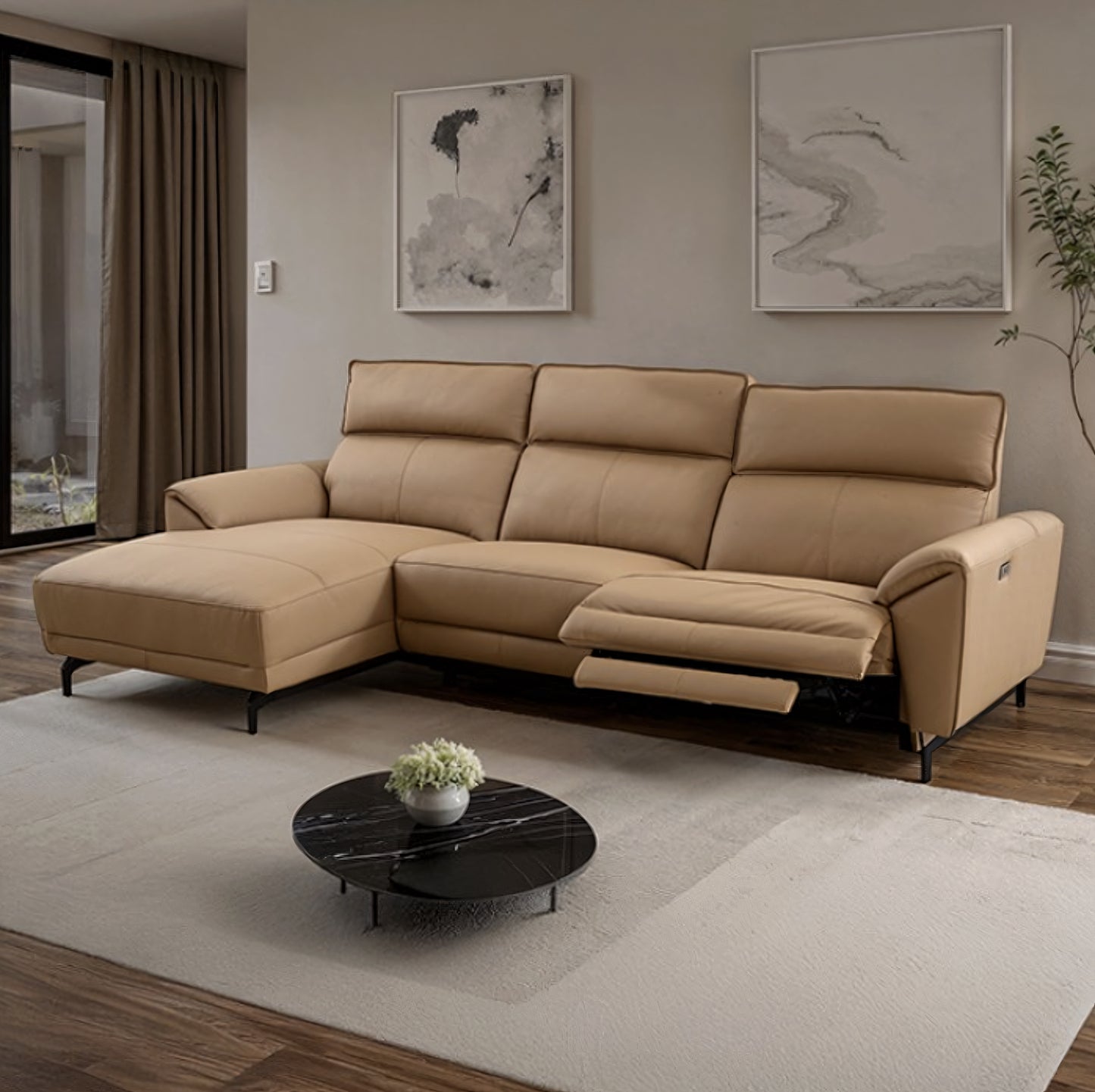 Theola Contemporary Light Brown Top Grain Leather Power Sectional with Chaise