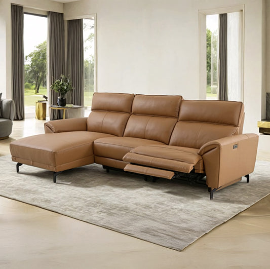 Themis Contemporary Clay Brown Top Grain Leather Power Sectional with Chaise