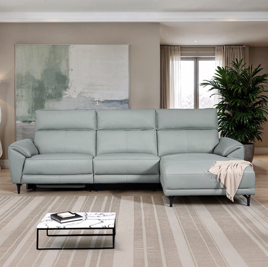 Themis Contemporary Pale Blue Top Grain Leather Power Sectional with Chaise