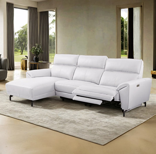 Themis Contemporary White Top Grain Leather Power Sectional with Chaise
