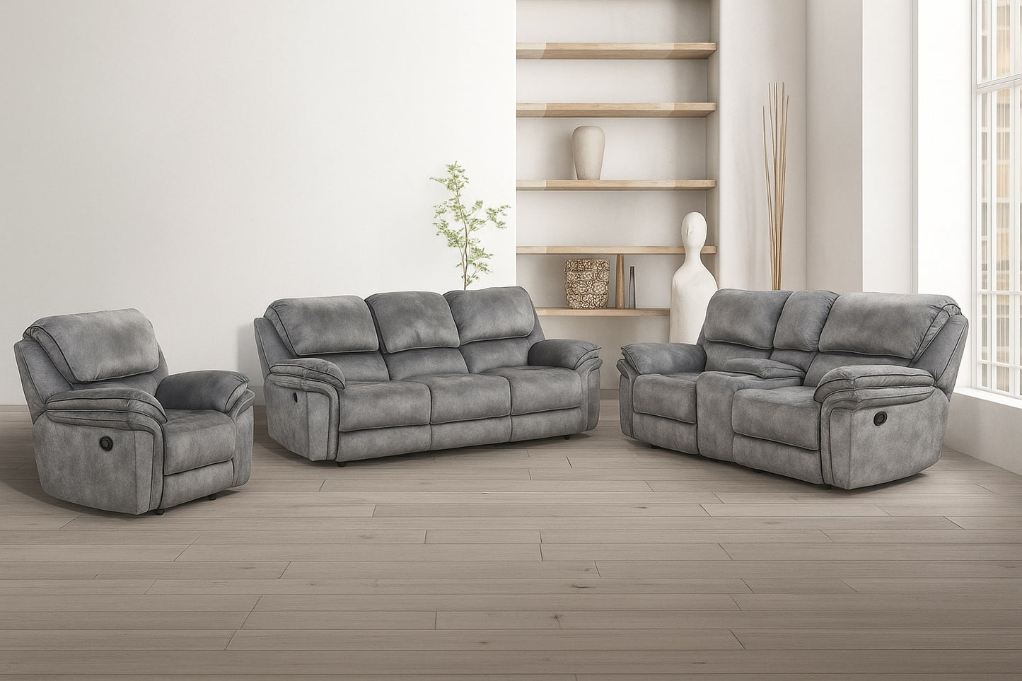 Themis Transitional Gray Leatherette Manual Reclining Sofa