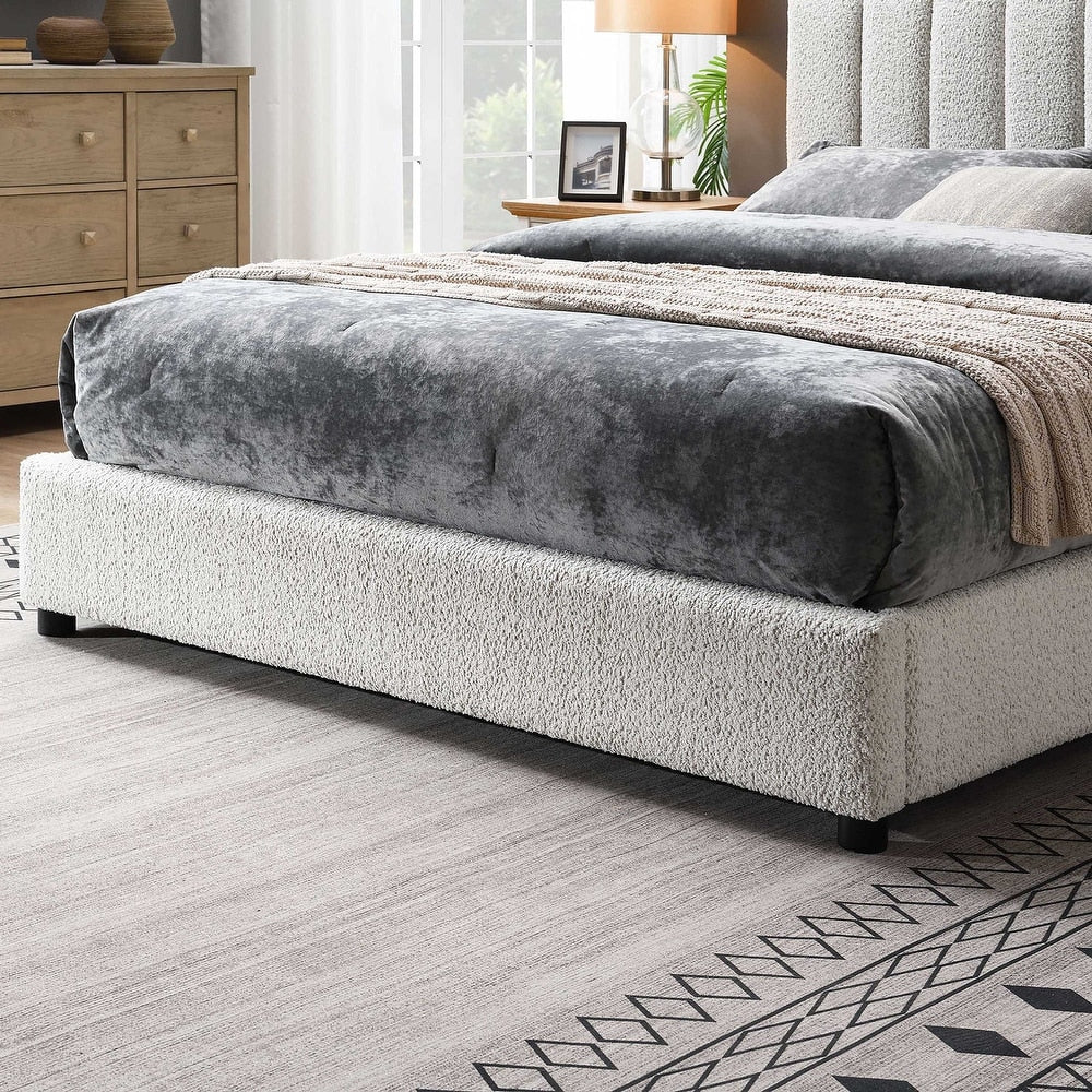 Traverso Contemporary White Boucle Platform Bed with Round Wood Legs