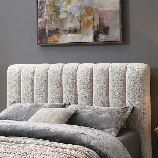 Traverso Contemporary White Bouclé Queen Platform Bed with Round Wood Legs