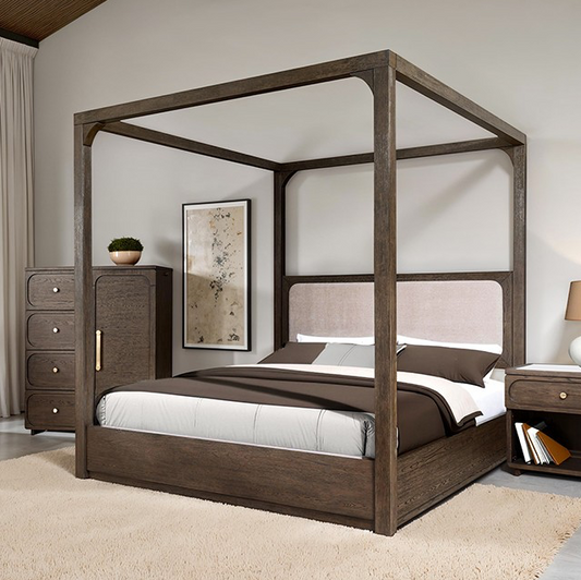 Vellara Transitional Queen Canopy Bed with Upholstered Headboard – Dark Walnut - Finally Home Furnishings LLC