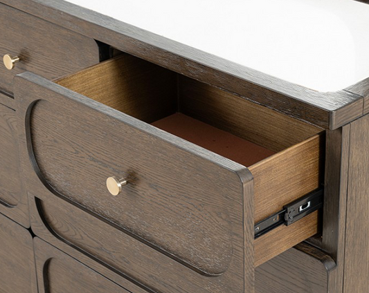 Vellara Transitional Dresser with Stone Top & Gold Hardware – Dark Walnut - Finally Home Furnishings LLC